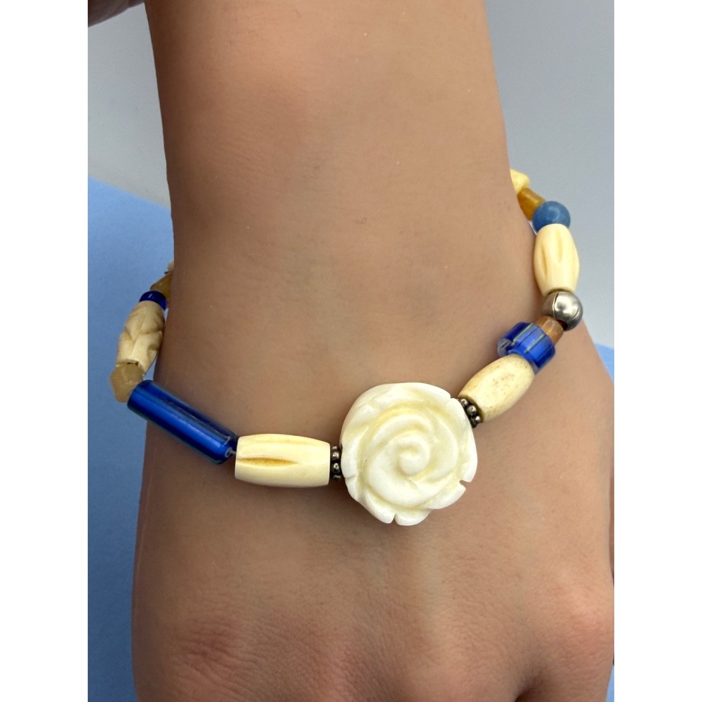 Vintage Artisan Beaded Bracelet Blue White Rose 925 Sterling Silver 7 Inch
